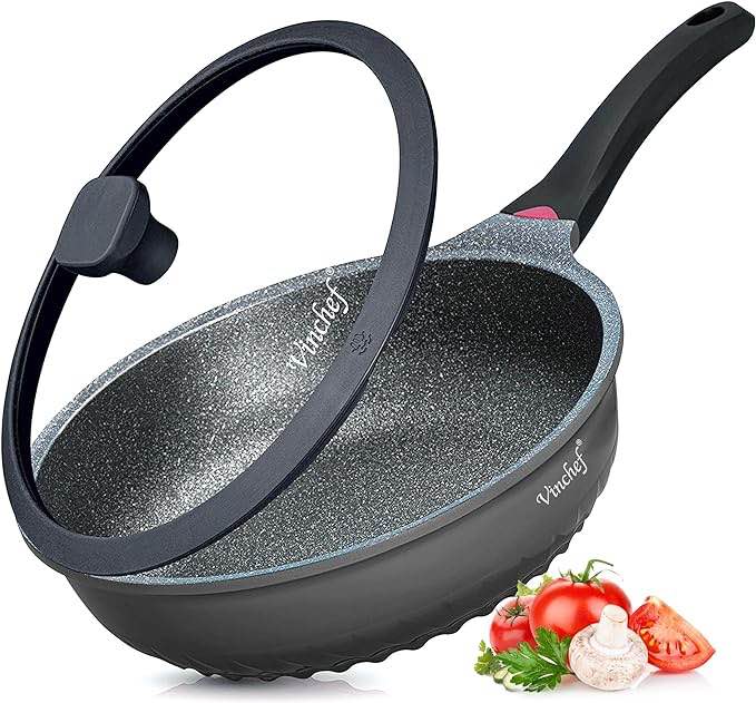 Vinchef Nonstick Skillet with Lid , 9.5In/3Qt Aluminum Saute Pan with Lid and Heat Indicator, German C3+ Non Sticking Coating- Induction Deep Frying Pan, Black
