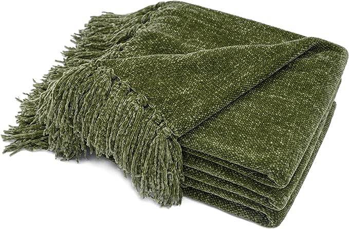 RECYCO Throw Blanket Soft Cozy Chenille Throw Blanket with Fringe Tassel for Couch Sofa Chair Bed Living Room Gift (Loden Green, 60'' x 80'') Loden Green 60'' x 80''