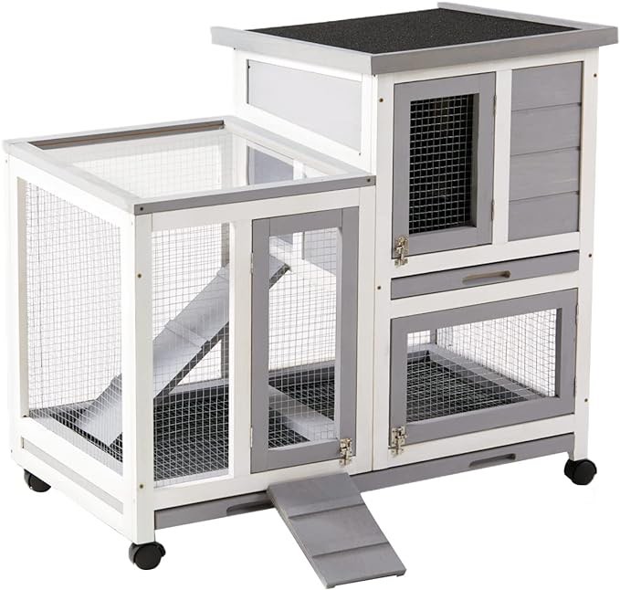 Graessa Rabbit Hutch, Indoor Rabbit Cage Two Story Bunny Hutch with Wheels Guinea Pig Cages with Removable No Leaking Tray, Ramp, Outdoor Pet House for Small Animals