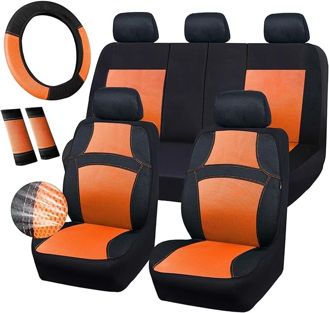 CAR PASS Universal 13PCS 3D Air Mesh-100% Breathable Seat Covers Full Sets#Steering Wheel&Belt Cover #Airbag and Rear Split Bench Compatible#for 90% Automotive SUV Truck Cute Women Black Orange