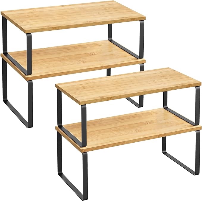 SONGMICS Cabinet Organizer Shelf, Set of 4 Kitchen Counter Shelves, Kitchen Storage, Spice Rack, Stackable, Expandable, Metal and Engineered Wood, Black and Natural UKCS210B01