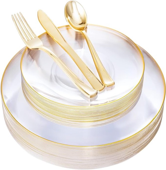 Nervure 125PCS Clear Gold Plastic Plates - Clear Plastic Plates with Gold Rim Include 25 Dinner Plates, 25 Dessert Plates, 25 Forks, 25 Knives, 25 Spoons for Wedding & Parties