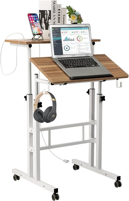 SIDUCAL Mobile Stand Up Desk, Adjustable Laptop Desk with Wheels, Home Office Workstation with USB Ports and Outlets, Rolling Desk Laptop Cart for Standing or Sitting, Withe 