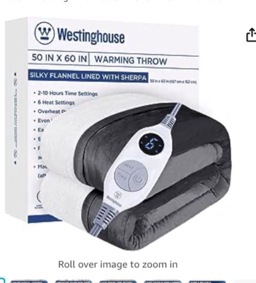 Westinghouse Electric Blanket Heated Throw Blanket, 6 Heating Levels & 2 to 10 Hours Heating Time Settings, Machine Washable Soft Flannel Heating Blanket for Home Office, 50"x60", Dark Grey