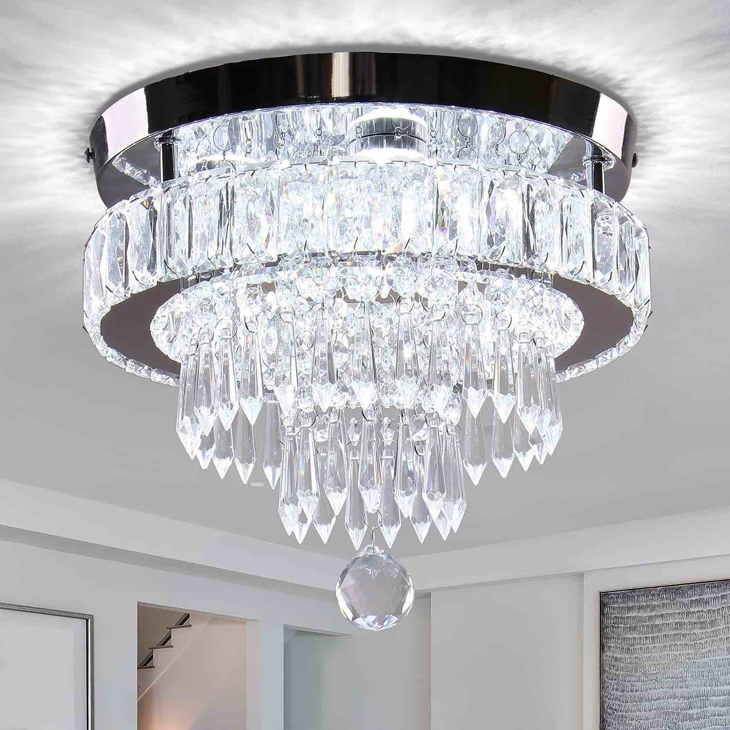 Finktonglan 11.8" Dimmable Crystal Chandelier LED Modern Crystal Ceiling Light, Flush Mount Crystal Chandeliers, 3 Light Colors Adjustable with Remote Control for Bedrooms Living Room Hallway