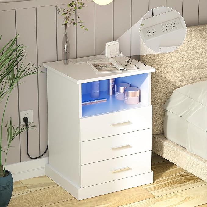 Halitaa Black LED Nightstand with Charging Station, Side Table with 3 Drawers and Light, End Table with Open Storage, Beside Cabinet for Bedroom (white)