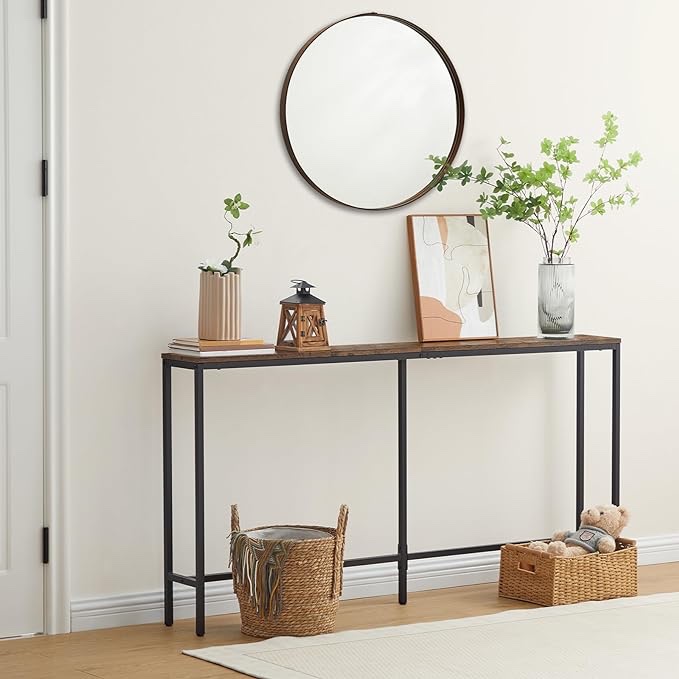 MAHANCRIS 63" Console Table, Narrow Sofa Table for Entryway, Industrial Side Table for Hallway, Living Room, Bedroom, Sturdy and Stable, Easy to Assemble, Rustic Brown CTHR16001Z