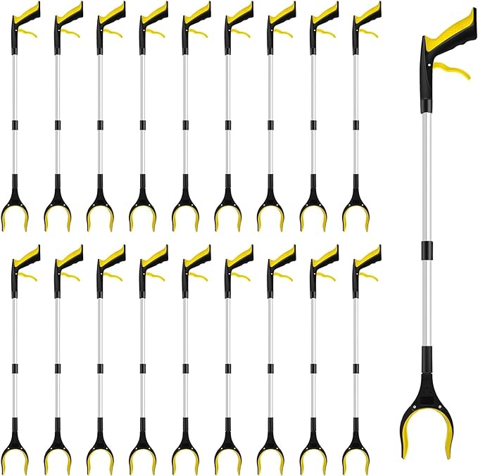 12 Pack Trash Picker 32'' Extra Long Foldable Trash Claw Grabber Reacher Tool Lightweight 360°Rotating Anti Slip Jaw for Arm Extension, Elderly, Kitchen Garbage (Yellow)