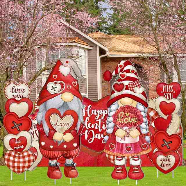 5 Pcs Valentine's Day Yard Signs Gnomes Heart Flower Outdoor Lawn Decorations with Stakes for Valentine's Day Lawn Garden Yard Patio Outside Party Decor Supplies