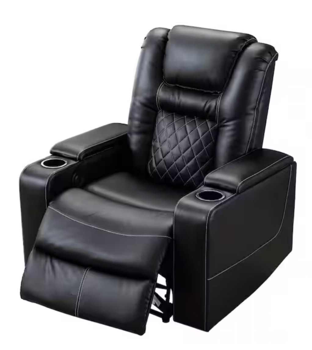 (incomplete box 1 of 2)Black Home Theater PU Leather Power Recliner with USB Charge Port and Cup Holder