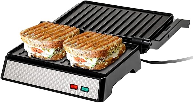 Ovente Electric Indoor Panini Press Grill with Non-Stick Cooking Plate, 1000W Thermostat Control and Removable Drip Tray for Easy Clean, Ideal 2-Slice Sandwich Maker for Breakfast, Silver GP0620BR