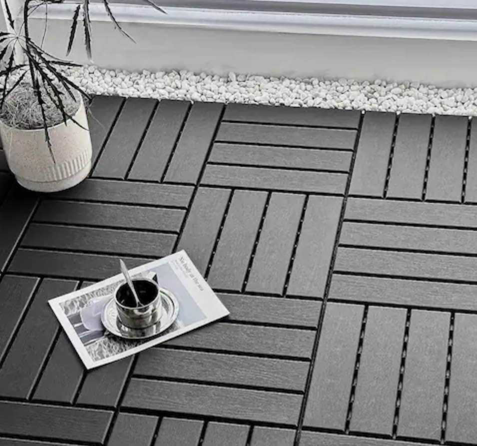  GOGEXX 12in.W x12in.L Outdoor Patio Striped Pattern Square Plastic PVC Interlocking Flooring Deck Tiles(Pack of 27Tiles)in Gray