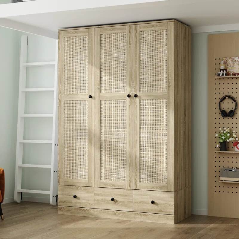 Rustic Style Wardrobe With 3 Vine Woven Doors And 3 Drawers-2