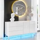 High Gloss Electroplated Sideboard Buffet Storage Cabinet With LED Lights, 63" Modern Minimalist TV Console Table With Magnetic Doors & Drawers For Living Room, Dining Room, Entryway