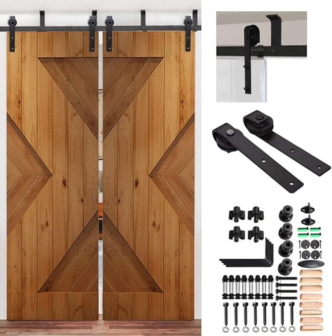 Ceiling Mount Barn Door Hardware Kit 11ft, CCJH Sliding Track for Kitchen Cabinet Black, Fit 33" Wide Double Door Panels [J Shape Hanger]