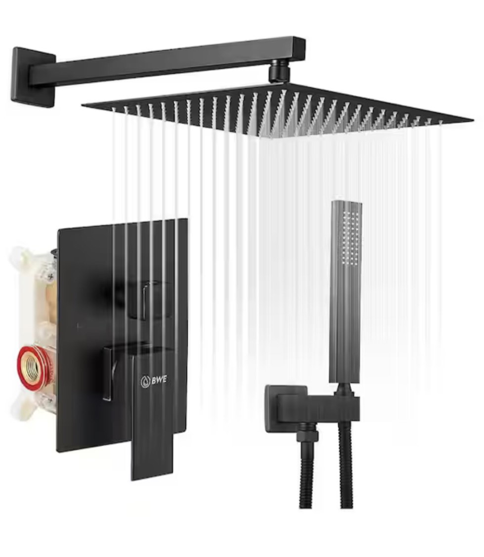 Rainfall 2-Handle 2-Spray 12 in. Square High Pressure Shower Faucet in Matte Black (Valve Included)