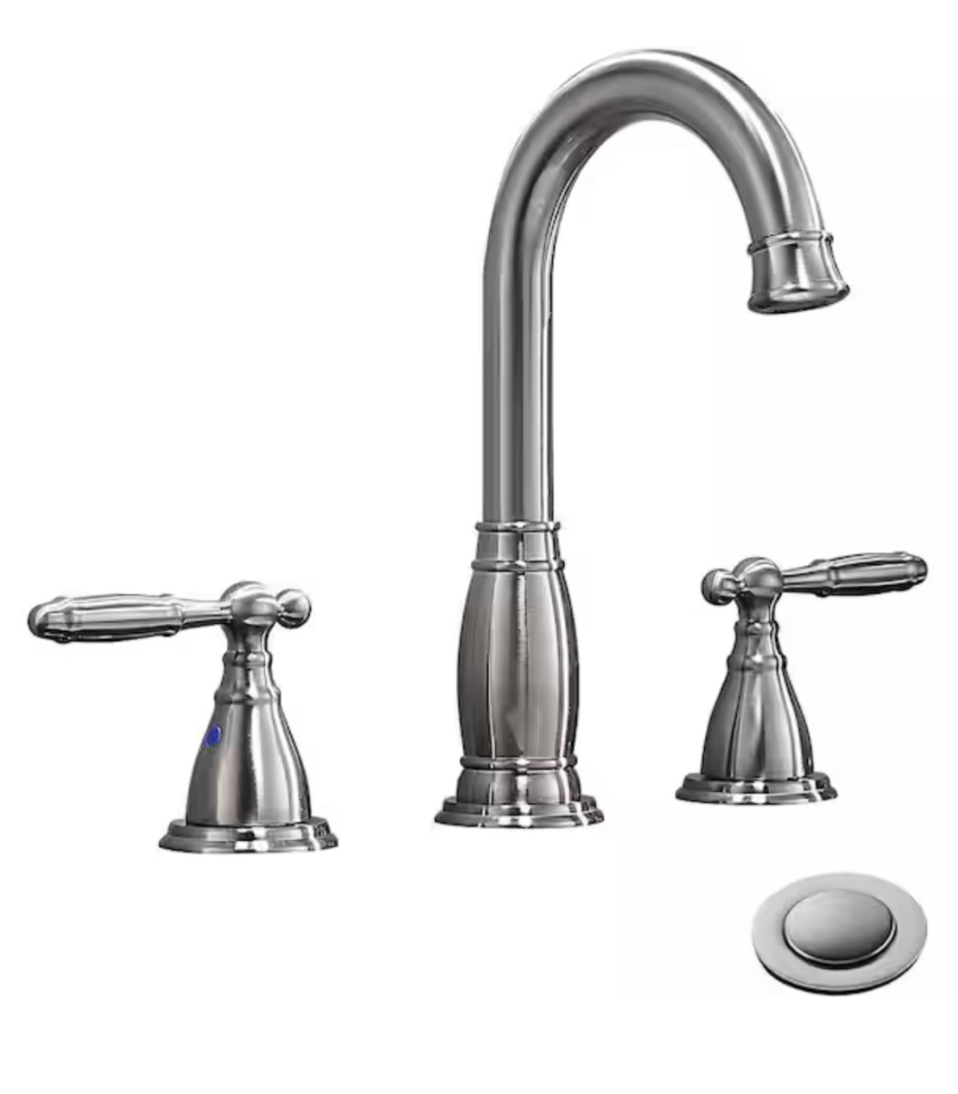 8 in. 2-Handle 3-Hole Widespread Bathroom Faucets with Valve and Metal Pop-Up Drain Assembly in Brushed Nickel