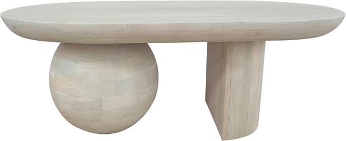 The Urban Port 38 Inch Coffee Table, Oblong Mango Wood Top with a Modern Ball Leg, Washed White