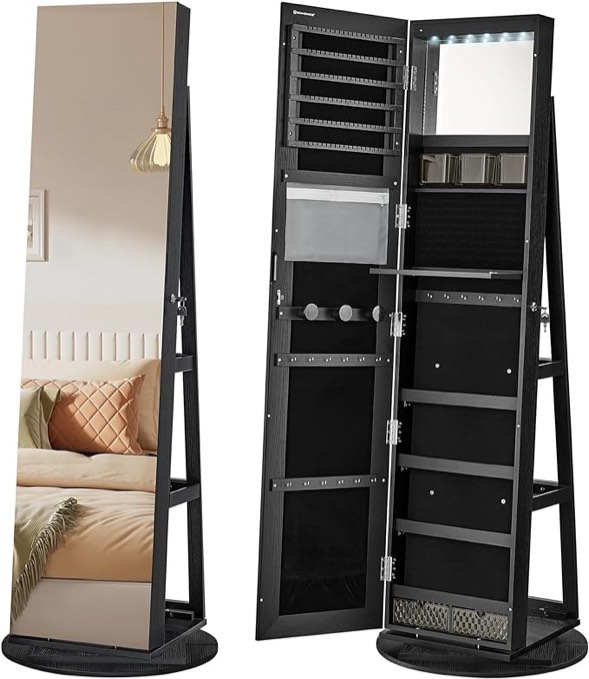 SONGMICS 6 LEDs Lockable Mirror Jewelry Cabinet, 360° Swivel Jewelry Organizer, Standing Jewelry Armoire, Frameless Full-Length Mirror, 3 Storage Shelves, Black Surface, Black Lining UJJC007B01