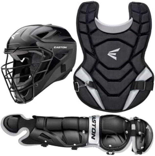 EASTON BLACK MAGIC 2.0 Youth Baseball Catchers Protective Box Set, Youth, Black, 2021, Helmet, Chest Protector, Leg Guards, Hockey Style ABS Shell Helmet, Dual-Density Foam, Double Knee Protection