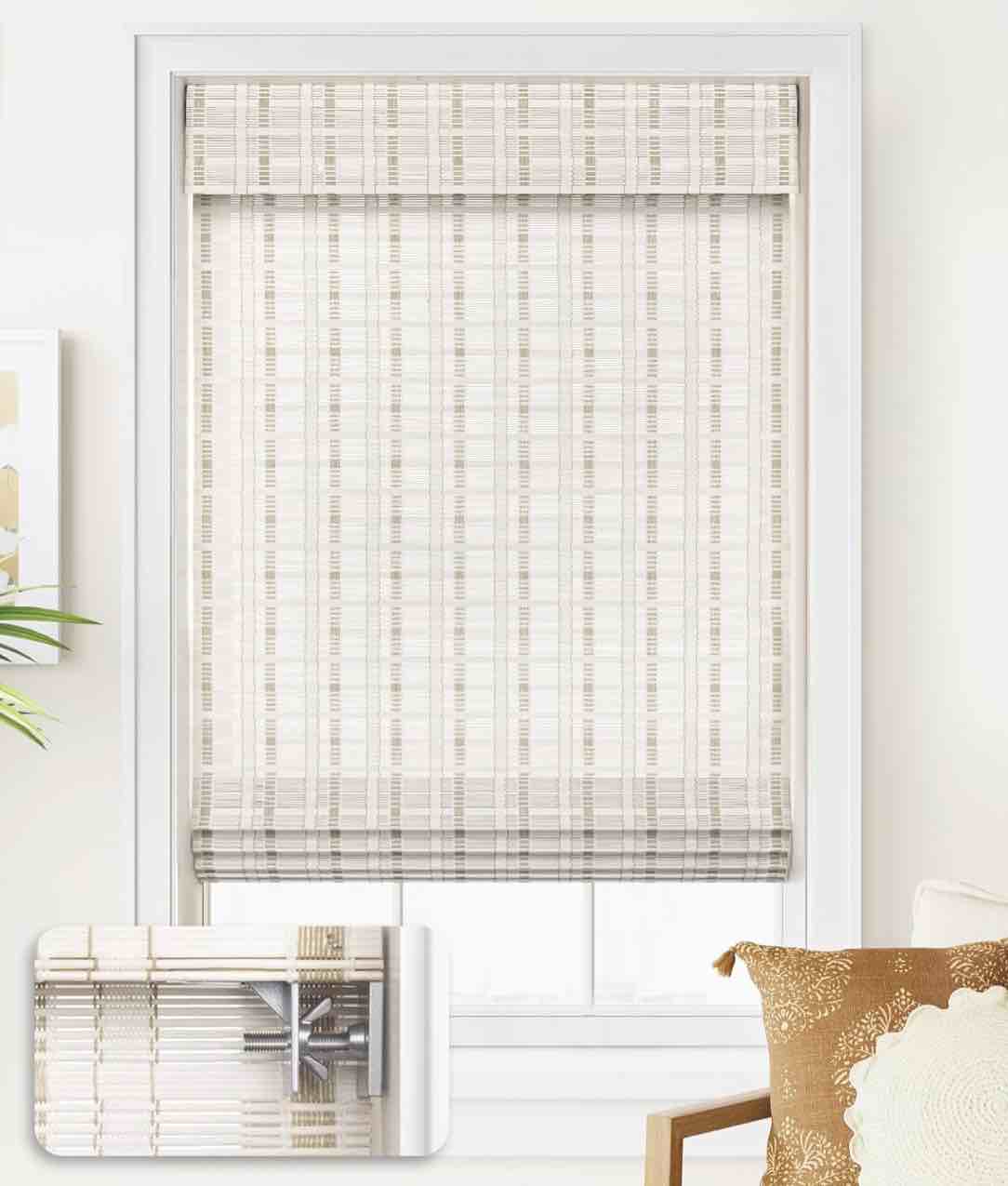 LazBlinds No Tools No Drill Cordless Bamboo Roman Shades, Light Filtering Window Treatment, Roll Up Bamboo Blinds for Window 35'' W x 64'' H, Whitewash B