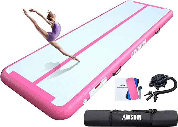 AWSUM Inflatable Air Gymnastics Mat 10ft/13ft/16ft/20ft/23ft Training mat 4/8 inches Thick tumbling mat with Electric Pump for Home/Gym/Outdoor 10ft*3.3ft*4in(3*1*0.1M) Pink/Pink