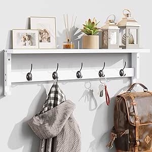 SMIBUY Coat Hooks with Shelf Wall-Mounted, 29.2 Inch Entryway Coat Rack for Wall, Bamboo Hanging Shelf with 5 Double Metal Hooks for Bathroom, Bedroom, Kitchen, Living Room, Mudroom (White + Black)