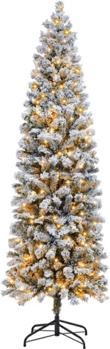 6FT Prelit Pencil Christmas Tree Artificial Snow Flocked Slim Skinny Christmas Trees with 250 LED Warm White Lights for Christmas Indoor Outdoor Decoration