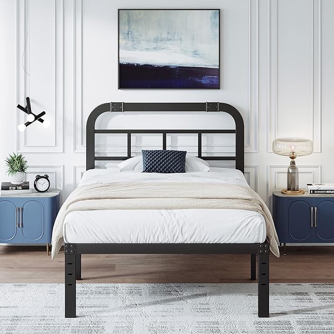 RestVille Industrial Style Twin XL Metal Bed Frame with Metal Headboard. Simple Look, Heavy Duty Steel Slats Platform No Box Spring Needed, Easy Assembly—Black
