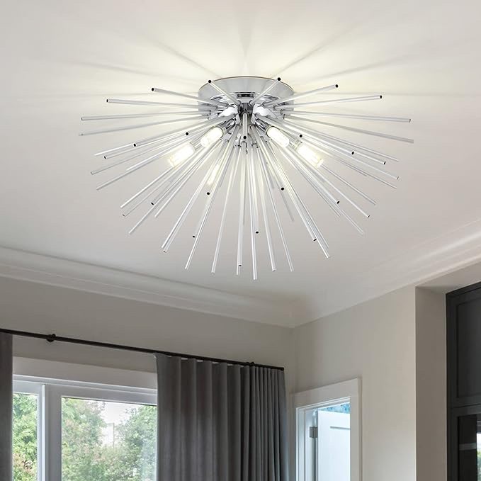 Sputnik Flush Mount Ceiling Light Fixture, 6-Light Chrome Firework Ceiling Lights, 19.6" Modern Chandeliers Close to Ceiling Lamp for Bedroom Kitchen Hallway Entryway, G9 Socket