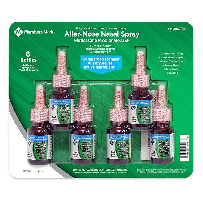 Member's Mark 50 mcg Aller-Nose, Fluticasone Propionate Nasal Spray (six 0.54 fl. oz. bottles, 3.24 fl. oz. total)