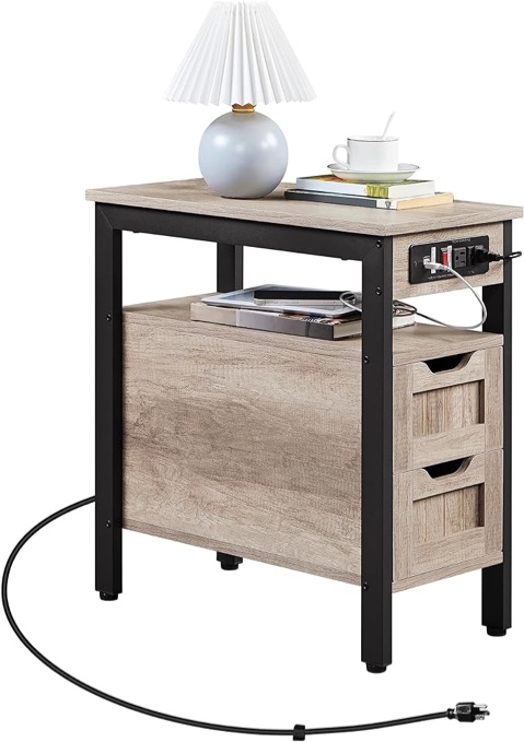 Yaheetech Nightstand with Charging Station, Narrow Bedside Table with 2 Drawer & Shelf, Wooden End Table Sofa Side Table with USB Ports & Power Outlets for Living Room/Bedroom/Small Space, Gray