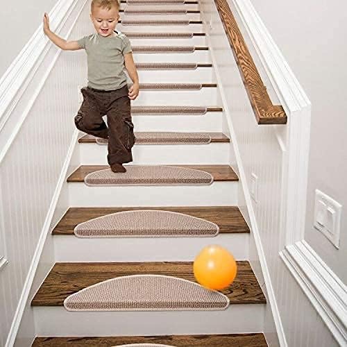 Qingbei Rina beige  Stair Tread Bullnose Carpet Non-Slip Indoor Durable Mat Self Adhesive Stair Protectors for Dogs and Kids Set of 13 Modern Step Cover for Hard Floor Staircase(9.5 x 26inch)