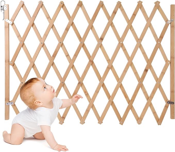 Expandable accordion door for dogs, wooden accordion door for dogs for entrance stairs, retractable safety protection for small and medium dogs, 8 to 42 inches wide, 28.7 inches high (enhanged accordion door)