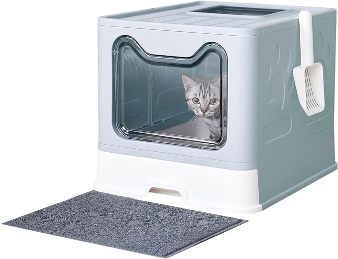 Medario Cat Litter Box with Cat Litter Mat and Scoop, Large Foldable Litter Box with Lid, Front Entry Top Exit Kitty Litter Box, Odor Control Easy Clean (Blue)
