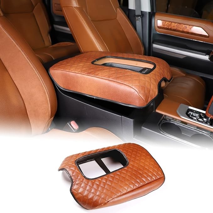 Aunginsy Car Armrest Seat Box Cover Protector Compatible Toyot@a Tundra 2007-2020 Center Console Lid Protector Cover Armrest Box Cover Customized Waterproof Plaid Leather Brown Interior Accessories