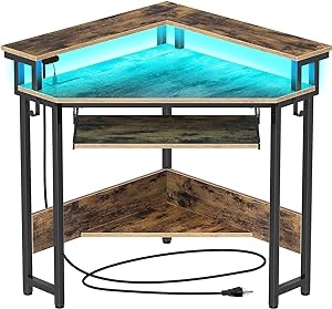 Rolanstar Corner Desk, Small Computer Desk with Power Outlets & LED Lights, Triangle corner computer desk with Keyboard Tray & Monitor Stand for Small Space, Sturdy Steel Frame for Workstation, Rustic