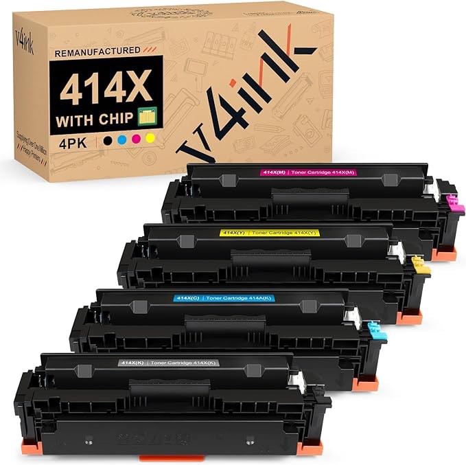 v4ink 414X Toner Cartridge with Chip Compatible Replacement for HP 414X W2020X 414A W2020A for use in HP Color Pro MFP M479fdw M479fdn M454dw M454dn M454 M479 M455dn M480f Printer Toner Set, 4 Packs