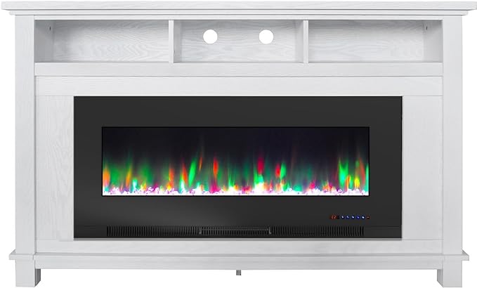 San Jose 57'' Electric Fireplace with Crystal Insert, Multi-Color LED Flame,Set  TV Stand, for Rooms up to 300 Sq.Ft., Remote, Adjustable Heat Settings, White Mantel
