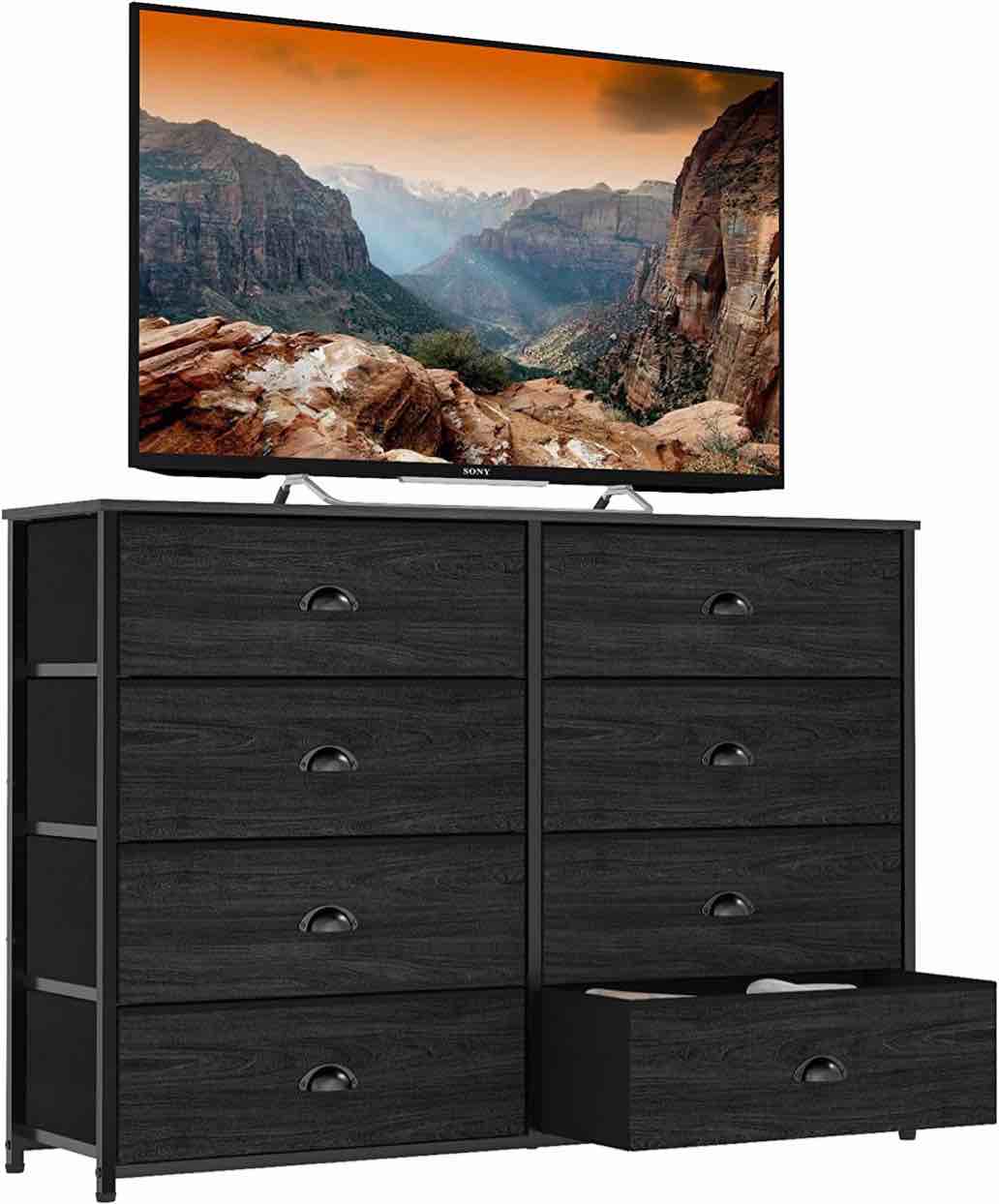 Dresser TV Stand for Bedroom 40'' Long,Black Dressers with 8 Wide Drawers