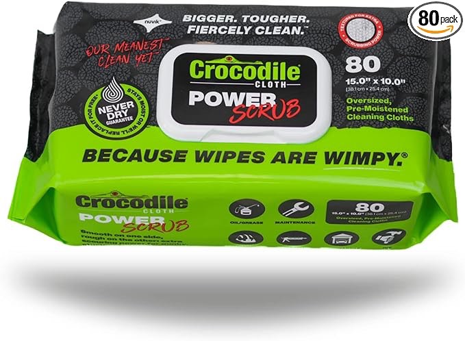 case of 6 PowerScrub by Crocodile Cloth - 80 Textured Cloths, 10in X 15in. Large, Moist, Absorbent & Disposable Cleaning Cloths. Safe on Skin and Multiple Surfaces - Tools, Wood, Plastic, Metals