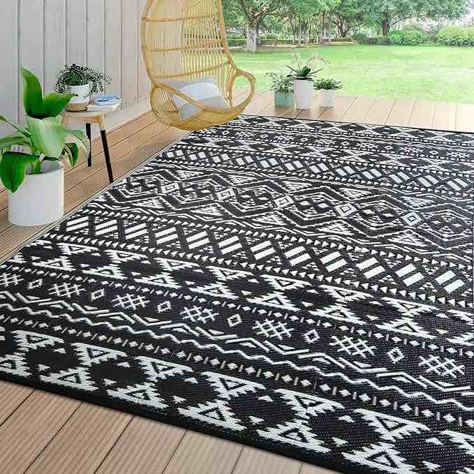 Reversible Mats - Outdoor Rugs 9'x12' for Patios Clearance, Plastic Straw Rugs Waterproof, Portable, Large Floor Mat and Rugs for Outdoor RV, Balcony, Picnic, Beach, Camping(Black & Cream White)
