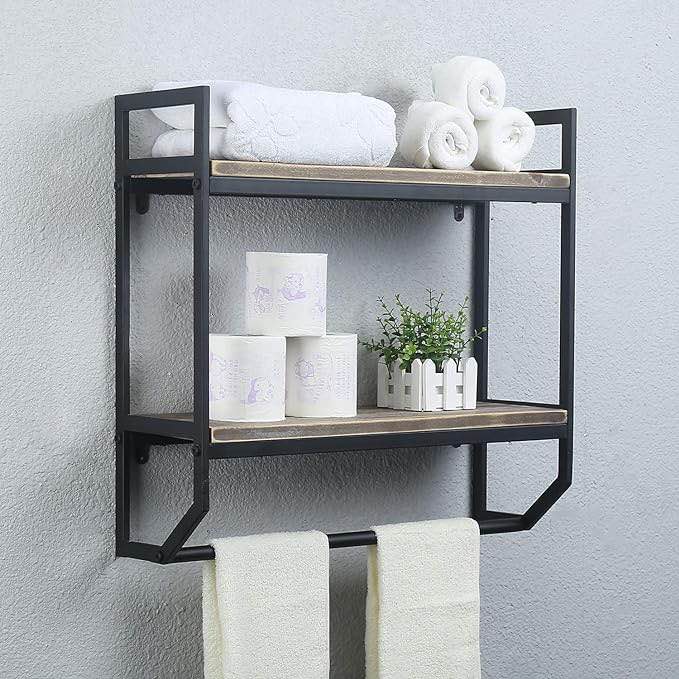 2-Tier Metal Industrial 23.6" Bathroom Shelves Wall Mounted,Rustic Wall Shelf Over Toilet,Towel Rack with Towel Bar,Utility Storage Shelf Rack, Floating Shelves Towel Holder,Black Brush Silver