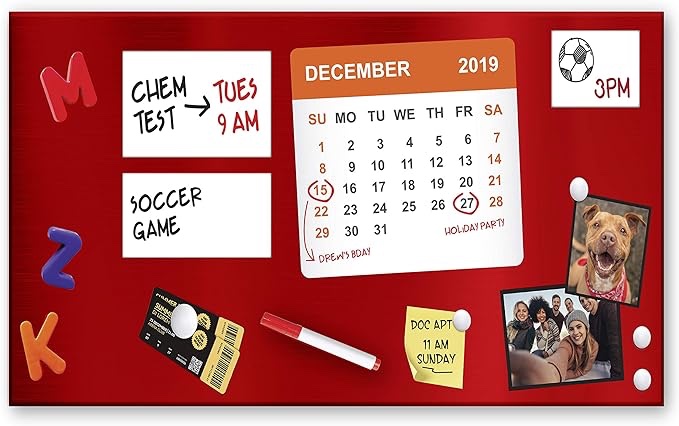 Essentially Yours Magnet and Message Board | Large Mountable 30 x 14 x 0.7 Inch Steel Bulletin Board, 2 Magnetic Dry Erase Pads Included (Red) L (30 x 14) Red