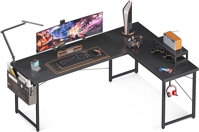 ODK L Shaped Desk, 66" Computer Corner Desk, Gaming Desk, Home Office Writing Desk with Monitor Shelf, Space-Saving Workstation Desk, Modern Simple Wooden Desk, Easy to Assemble, Black