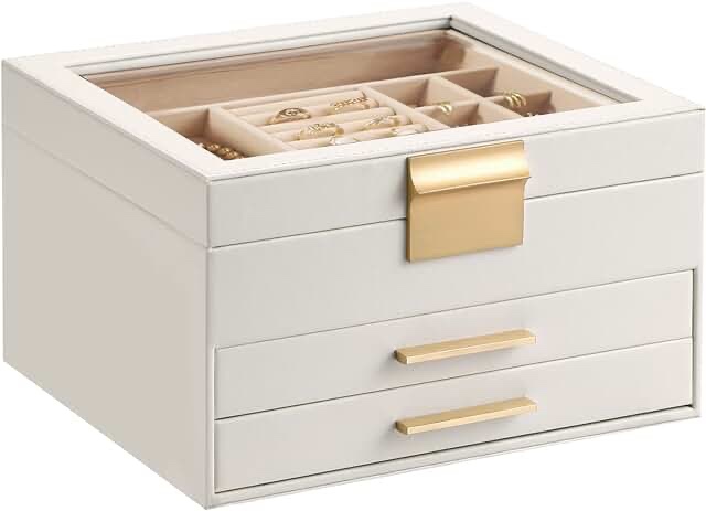 Somduy Jewelry Box, 5 Layers Jewelry Storage Display Box with Glass Lid for Women, 4 Drawers,Large Capacity for Necklace Earrings Bracelets Rings,White
