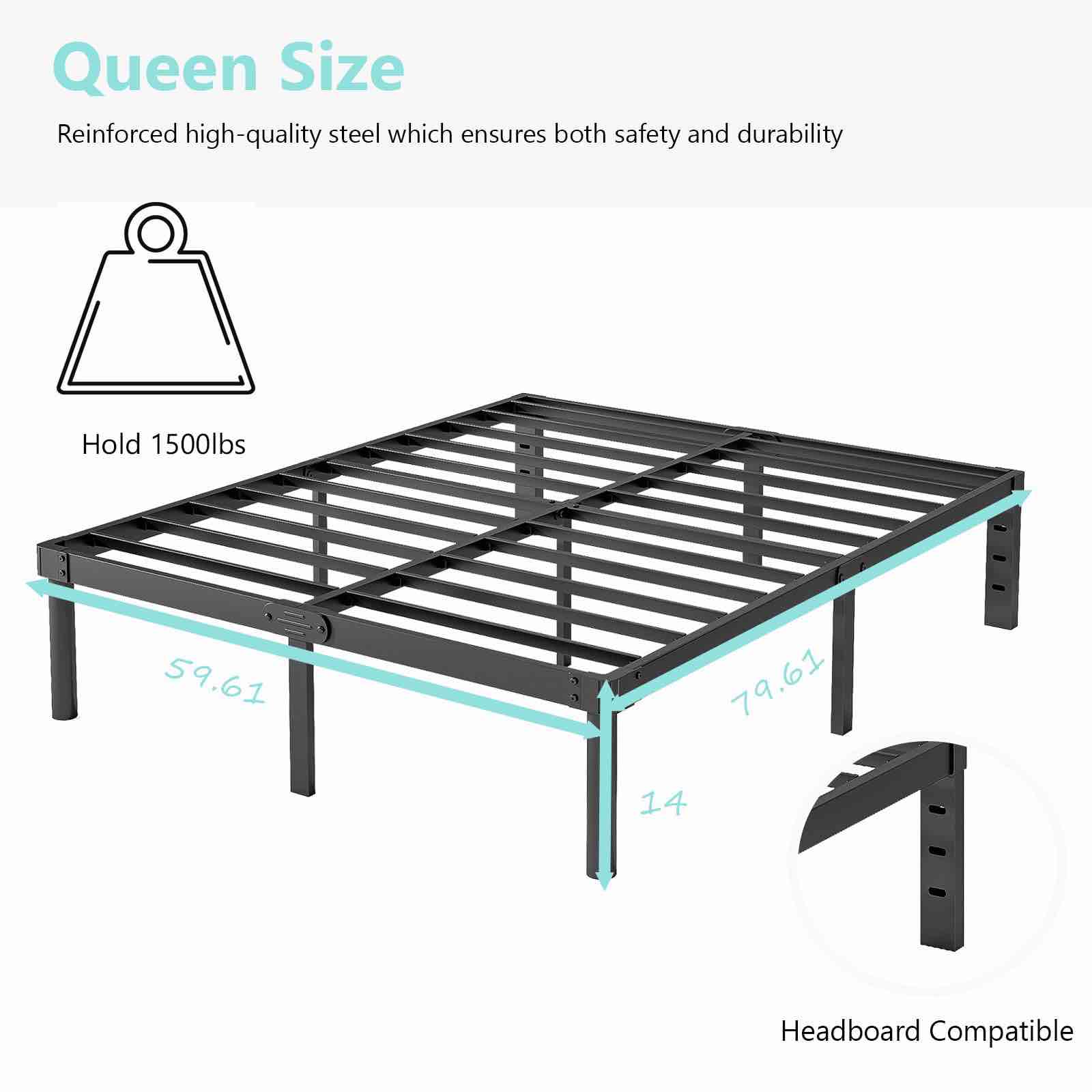 Viisari Queen Bed Frame 14 Inch Metal Heavy Duty Platform No Box