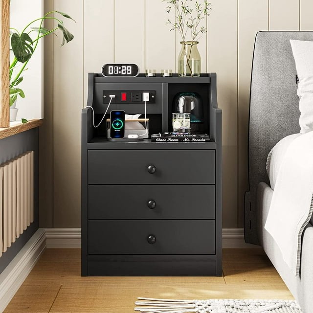 Black Nightstand with Charging Station & Hutch & 3 Drawers, Wood Bedside Table Sofa End Side Table for Bedroom Living Room