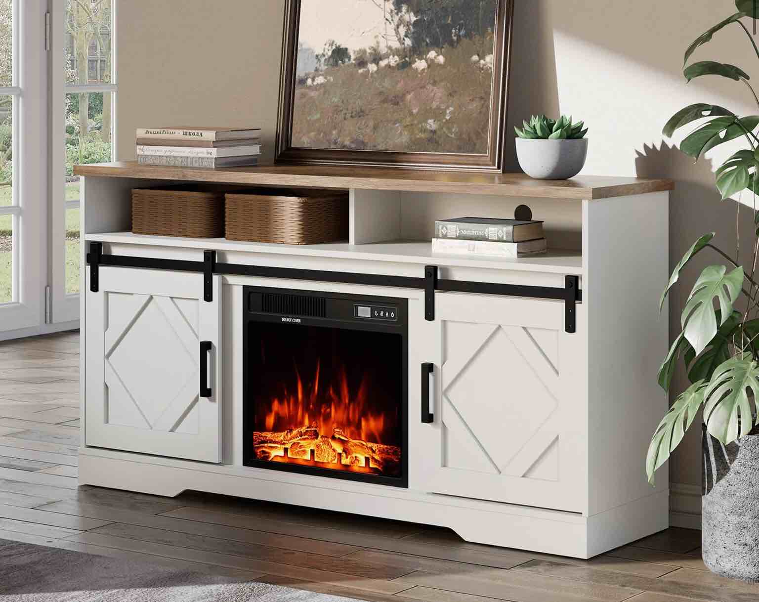 WAMPAT 60" Electric Fireplace TV Stand for TVs Up to 65 Inch, Farmhouse Wood Entertainment Center with Electric Fireplace, White (incomplete 1 box only)