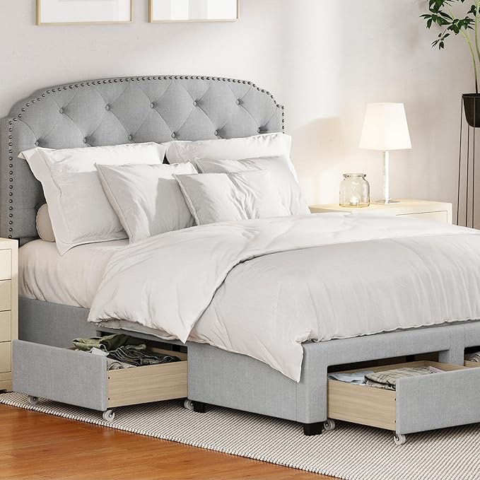 DG Casa Argo Upholstered Panel Bed Frame with Storage Drawers and Diamond Button Tufted Nailhead Trim Headboard, King Size in Platinum Fabric (incomplete box 2 of 3 only)